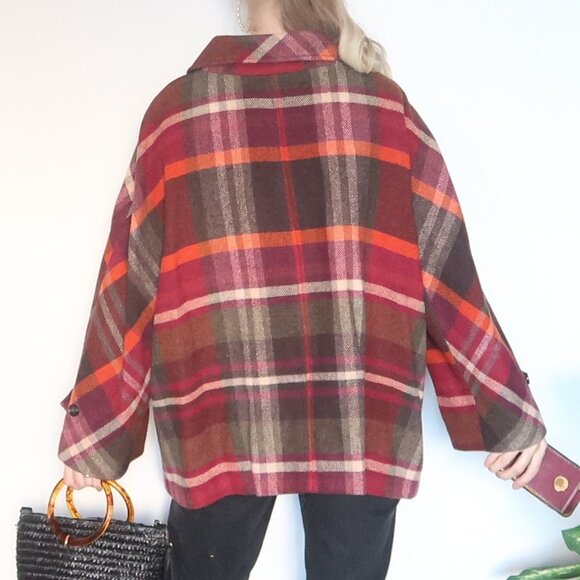Talbots Multicolor Orange, Burgundy & Brown Wool Plaid Coat Size 16w - Picture 3 of 16